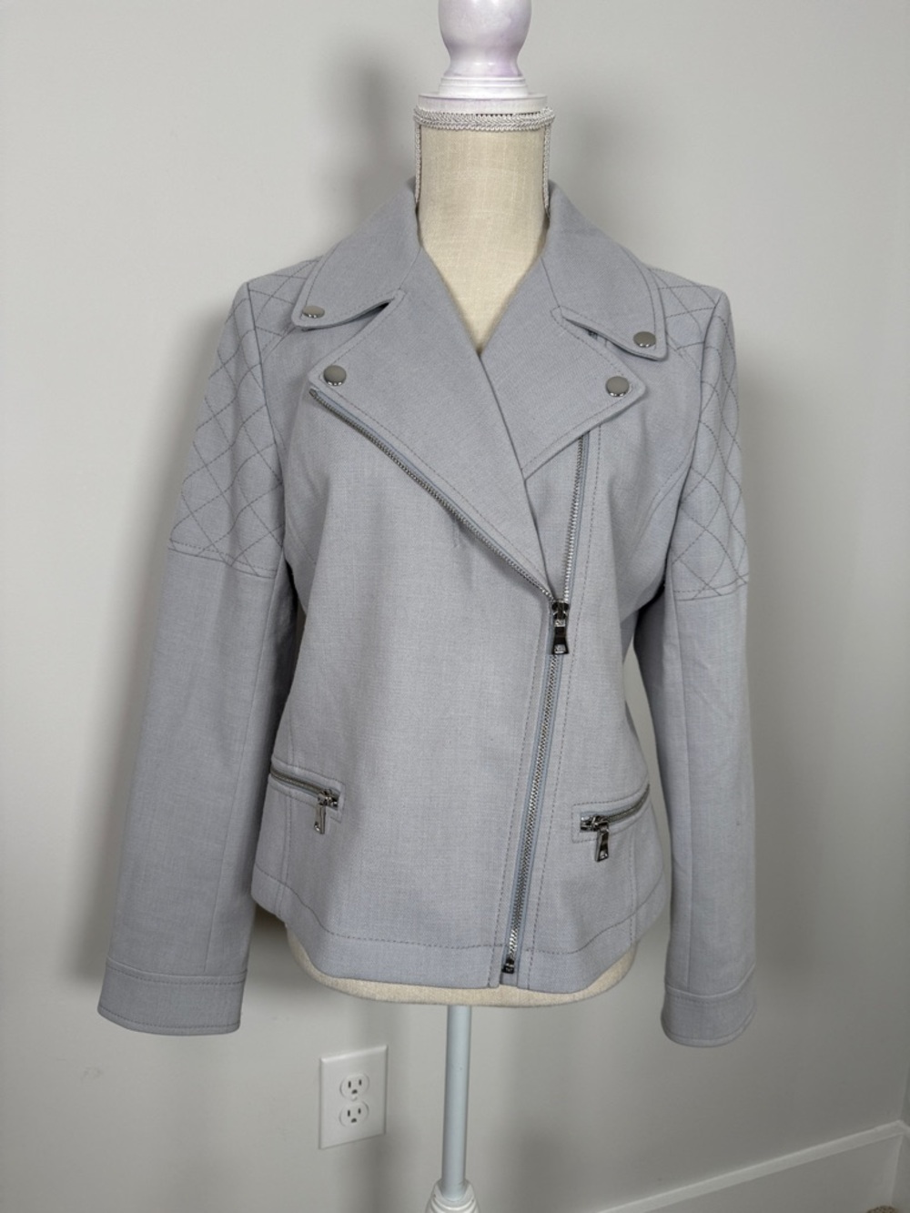 Ann Taylor Light Gray Quilted-Sleeve Moto Jacket